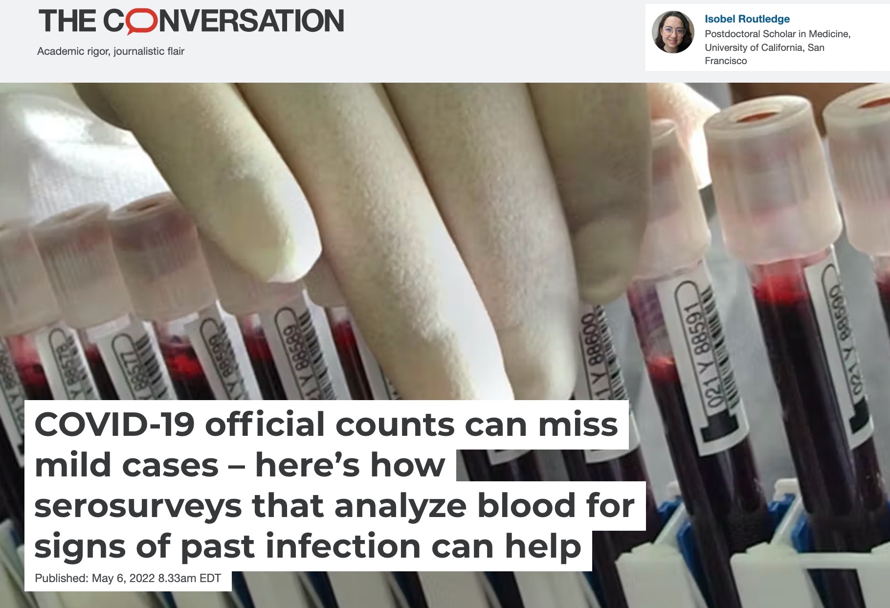 screenshot of article- photo of tubes of blood