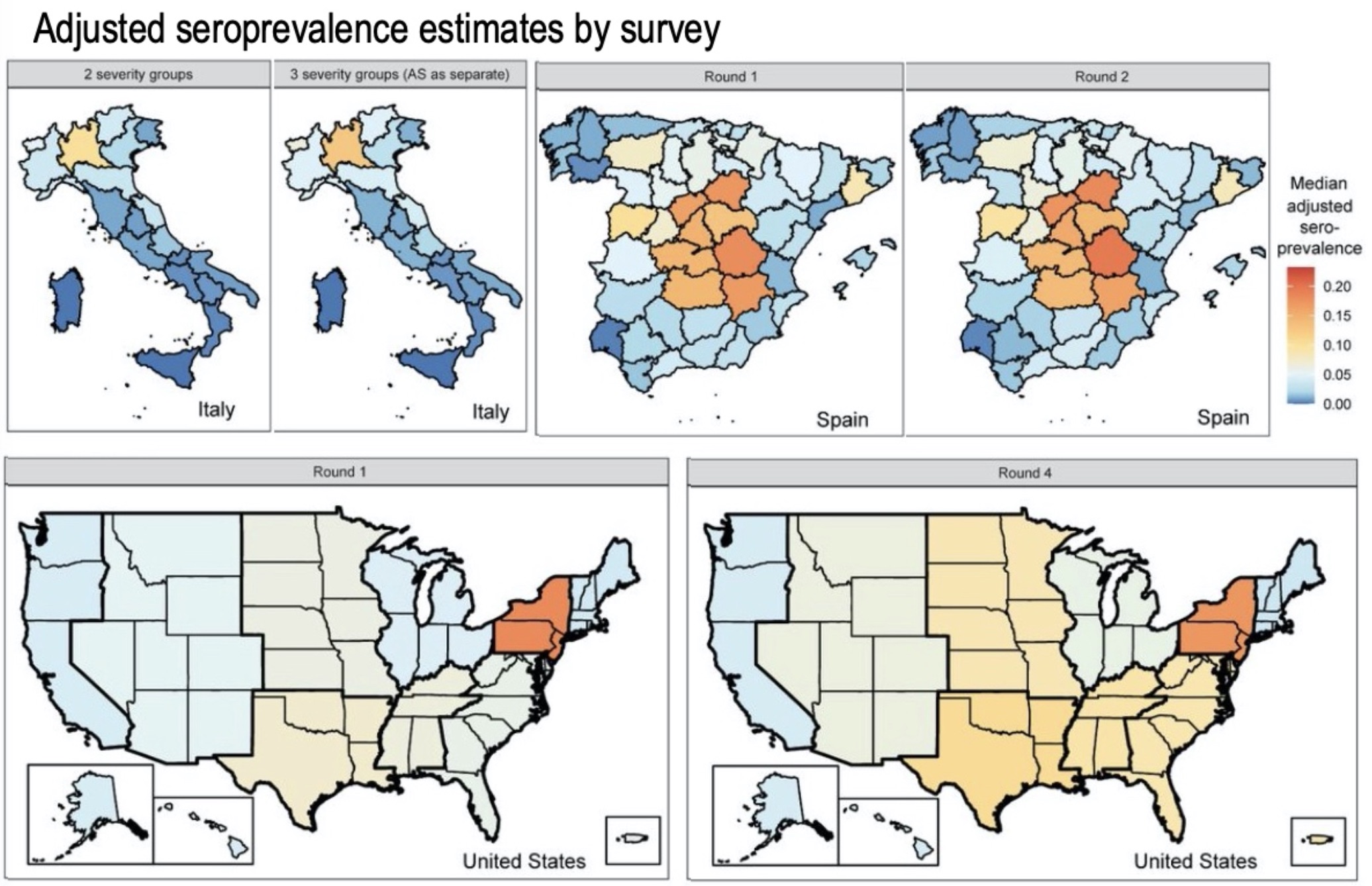 adjusted seroprevalence by survey maps of italy, US and Spain